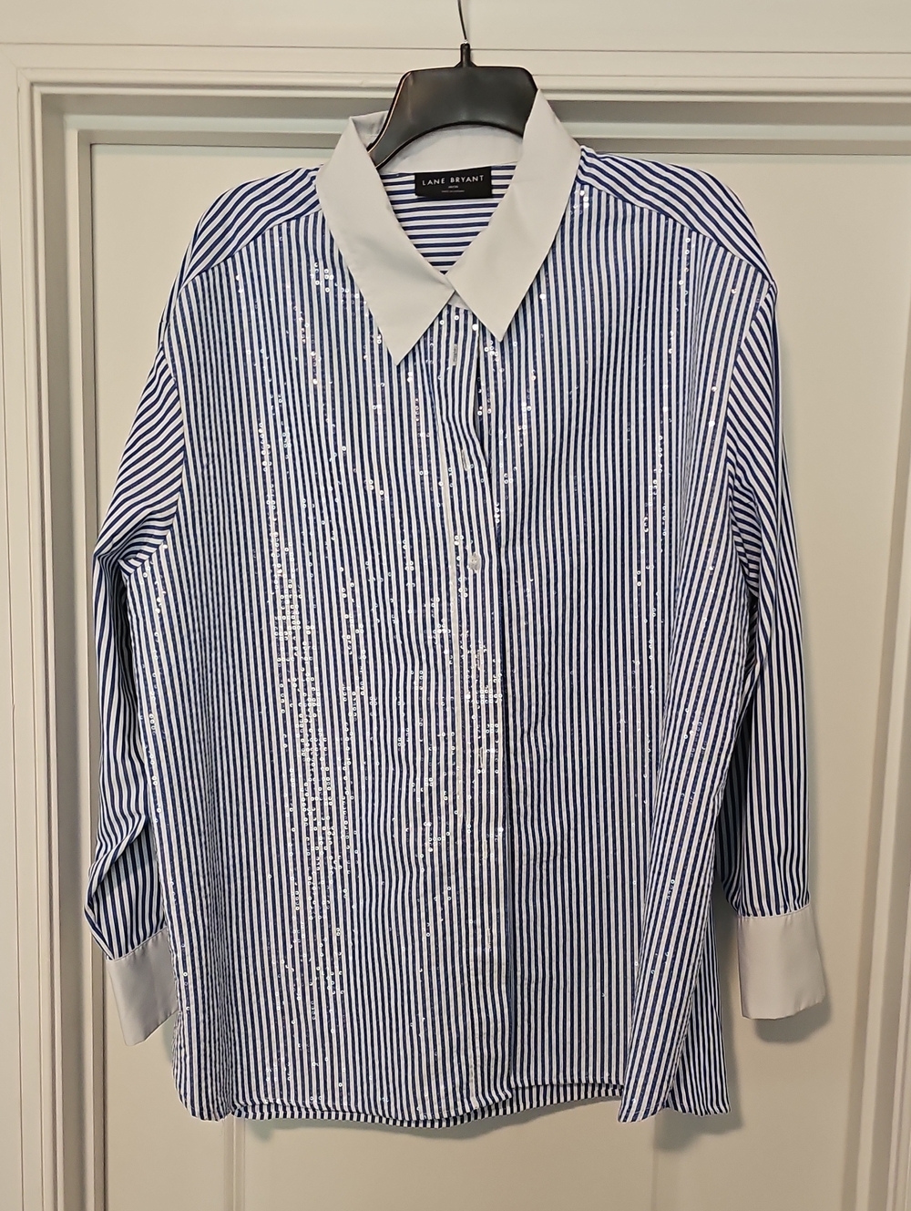 Lane Bryant Blue and White Striped Button-Down Shirt with White Collar
